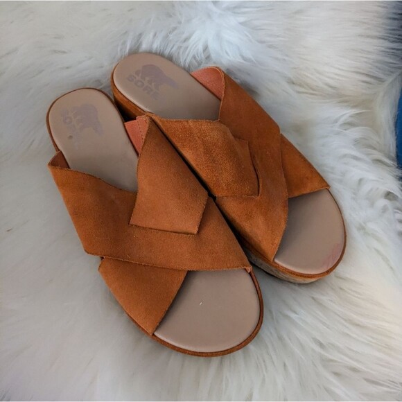 Sorel Cameron flatform platform mule sandals orange “desert sun” cork leather 8 - Picture 3 of 9